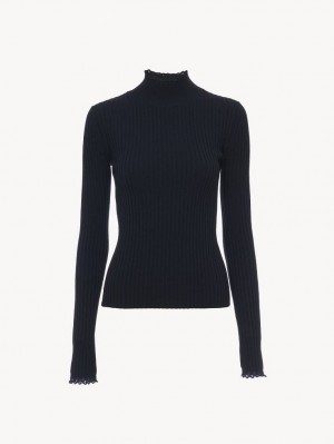 Chloe Fitted High-neck Strikkevarer Marineblå | CHE-SR13960