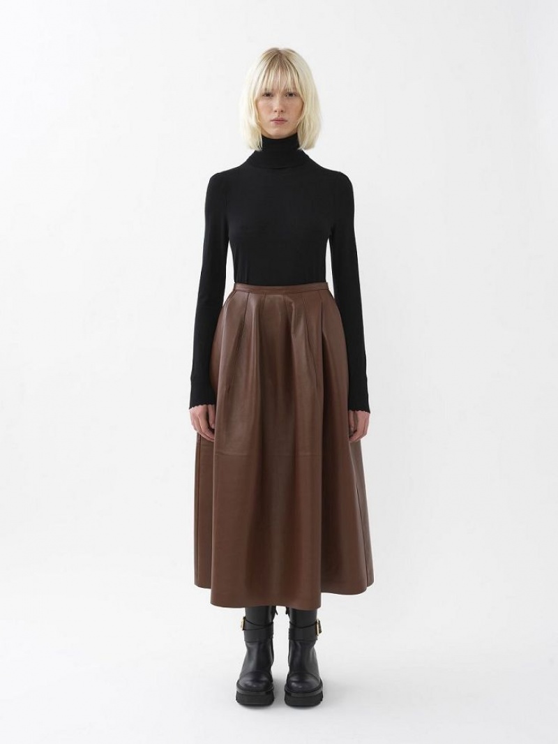 Chloe Gathered Mid-length Skirt Leather Kaffe | CHE-SR14116