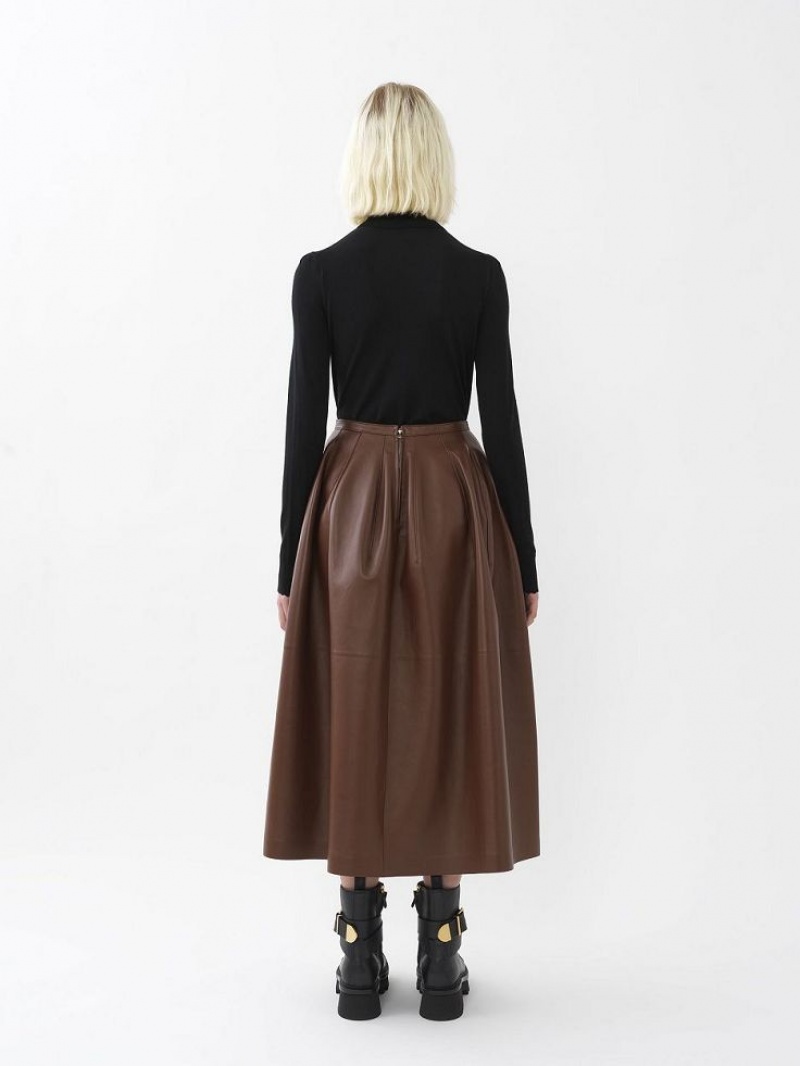 Chloe Gathered Mid-length Skirt Leather Kaffe | CHE-SR14116