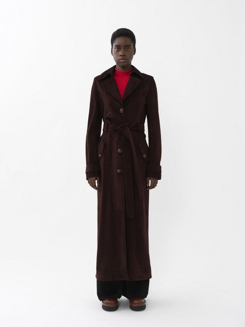 Chloe Long Trench Coat Leather Brune | CHE-SR14119