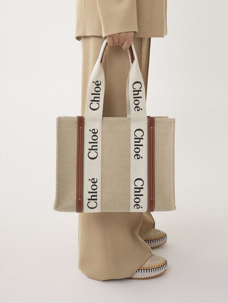 Chloe Medium Woody Tote Veske Hvite Brune | CHE-SR13397