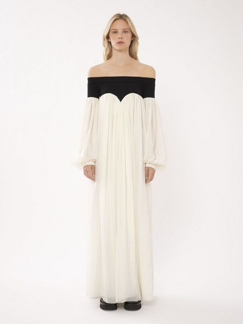 Chloe Off-the-shoulder Maxi Kjole Svarte Hvite | CHE-SR13857