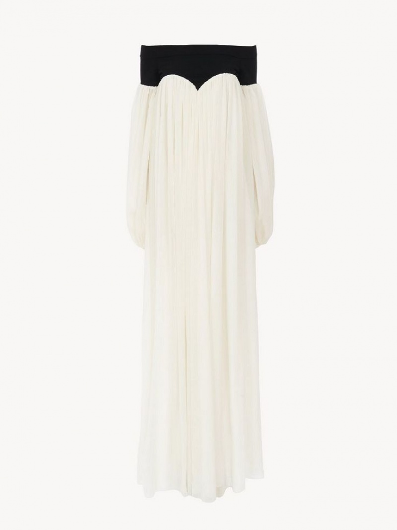 Chloe Off-the-shoulder Maxi Kjole Svarte Hvite | CHE-SR13857