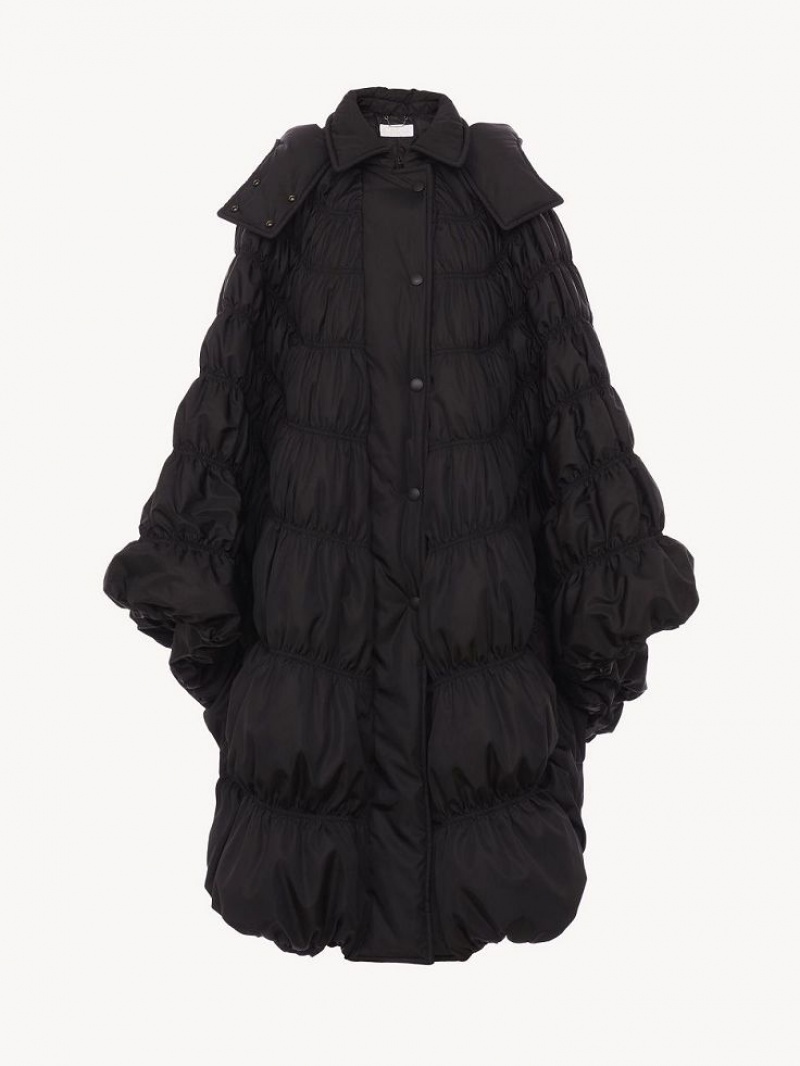 Chloe Ruched Puffer Cape Frakker Svarte | CHE-SR13815